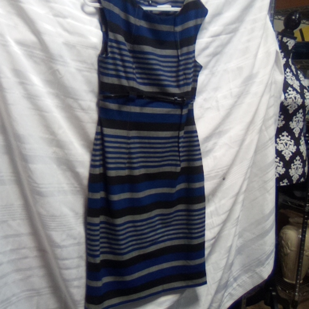 Calvin Klein Blue, Black & Gray Striped Sheath Dress